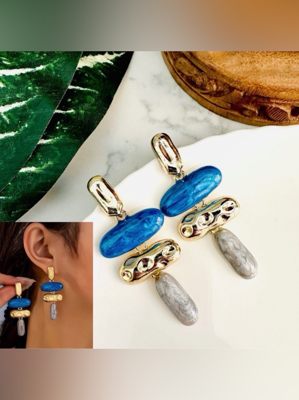 2/$30🌵 Gold Blue Gray Organic Oval Earrings Dangle Bohemian Hammered Metal NEW